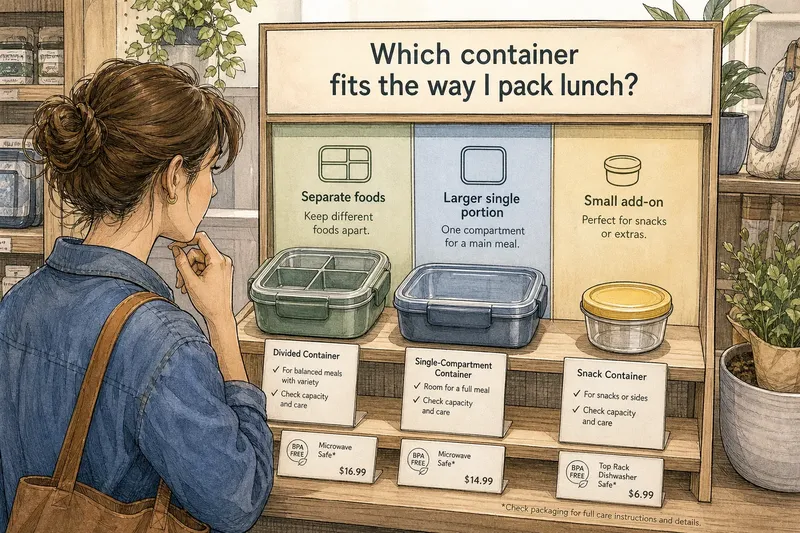 Woman examining a store display of three lunch containers with descriptions and prices under soft indoor lighting