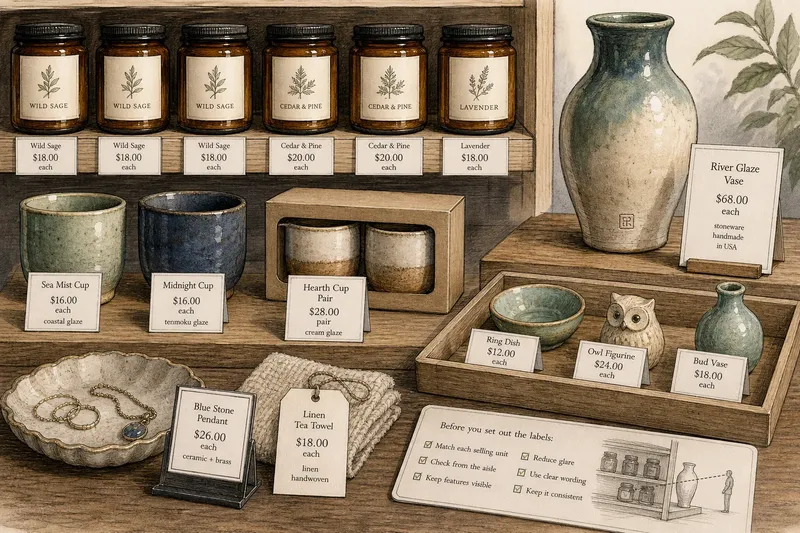 Wooden shelves displaying amber jars, glazed cups, ceramics, and price labels under soft lighting