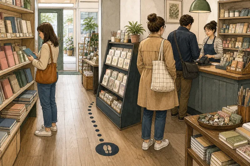 Customers browsing and queuing with spaced markers inside a well-lit, cozy bookstore