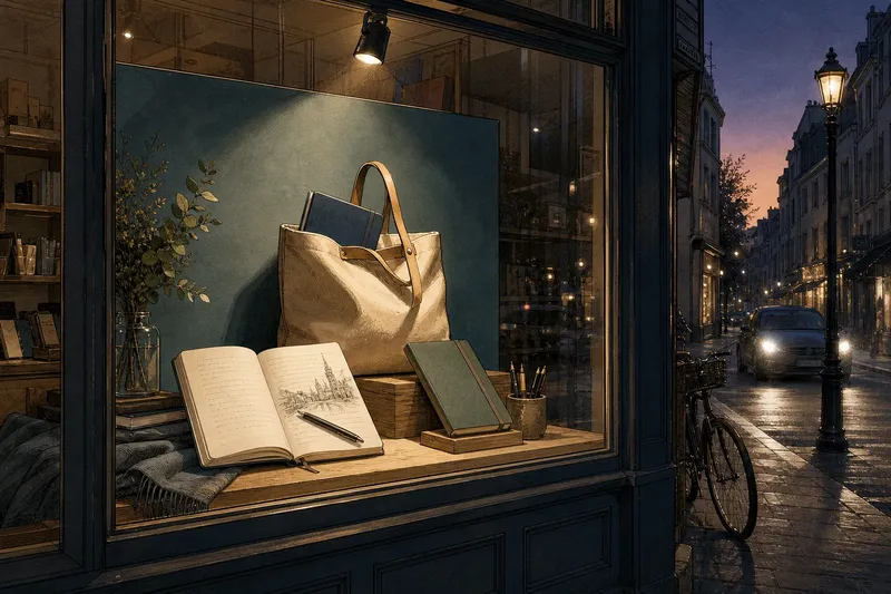 Evening city street scene with a shop window displaying books, a tote bag, pencils, and a lit spotlight