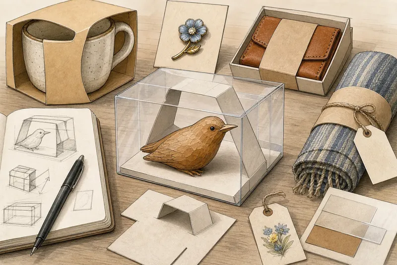 Various small objects wrapped or displayed with minimalistic paper packaging on light wooden surface